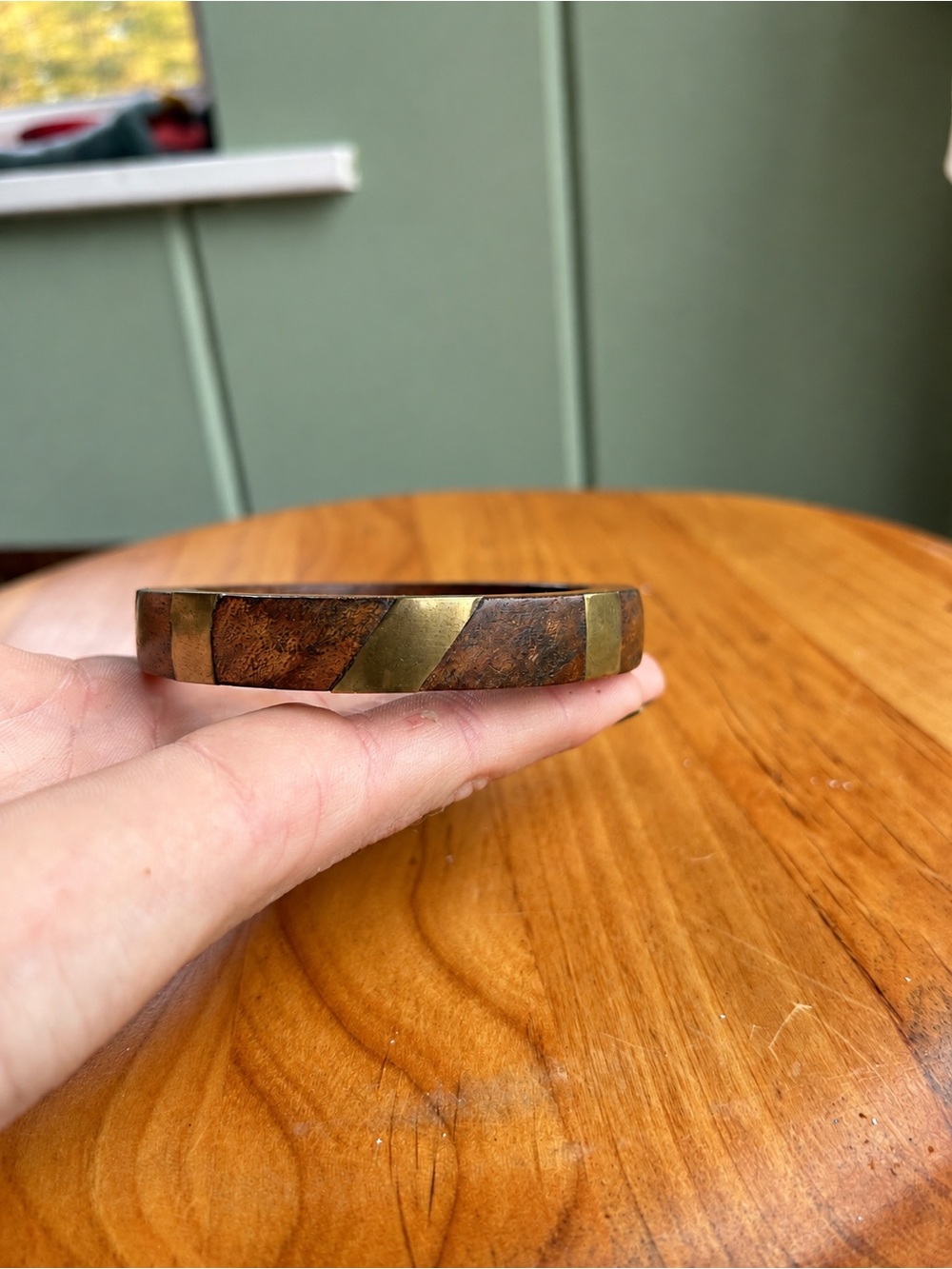 Vintage Wooden Bangle Bracelet Brass Tone Inlay Boho Geometric Jewelry